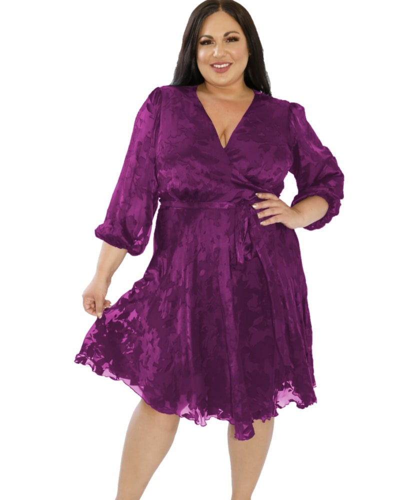 Front of a model wearing a size 20 Purple Burnout Wrap Dress in Purple by Marée Pour Toi. | dia_product_style_image_id:253793